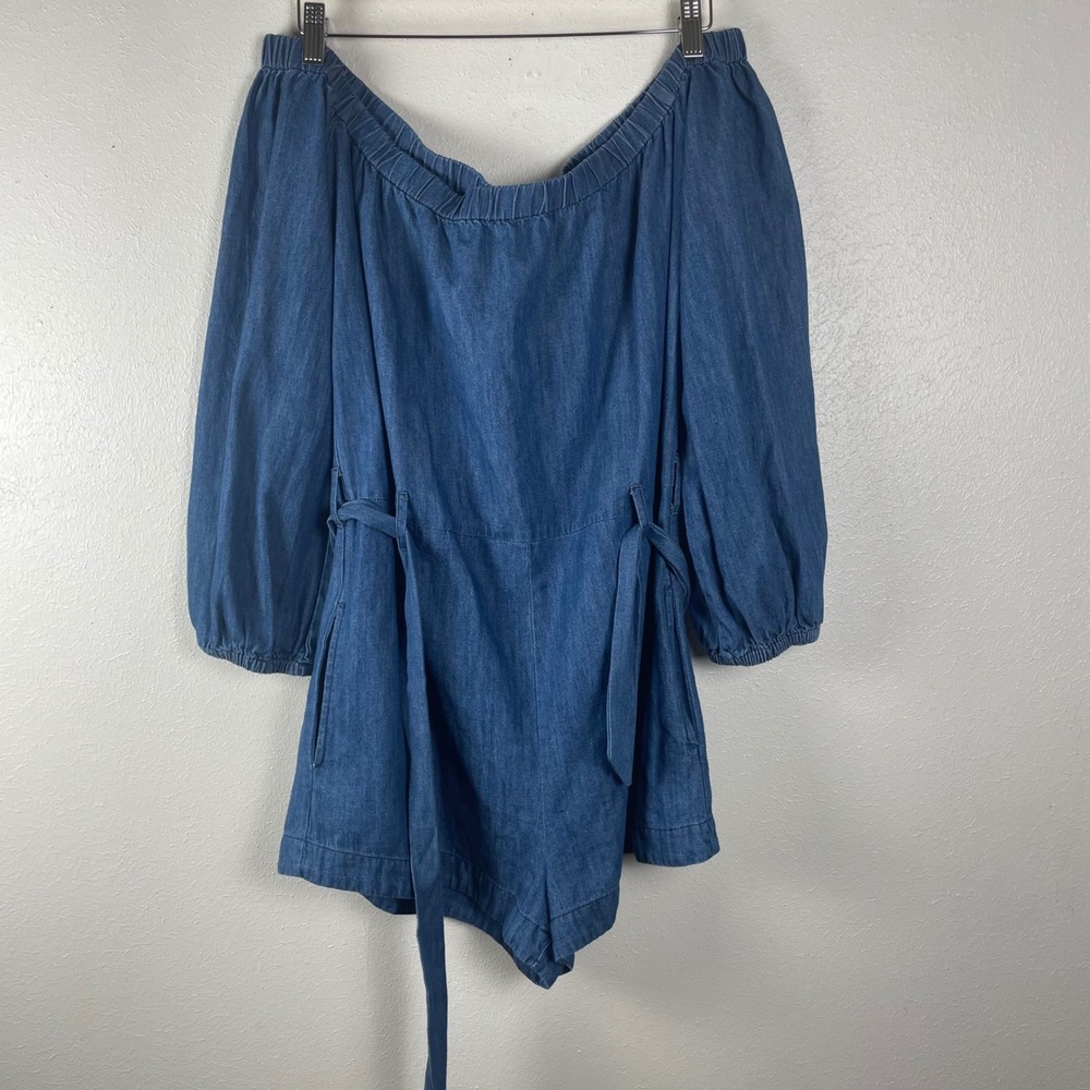 Free People Womens Blue Denim Off the Shoulder Belted Romper Size M